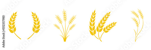 Wheat wreaths and grain spikes set icons. Gold wheat silhouette collection. Wheat or rice icon symbol. Vector illustration.