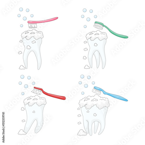 white background, set of teeth, personal hygiene procedure for cleaning the surface of the teeth from food debris and soft plaque, performed with a toothbrush and toothpaste