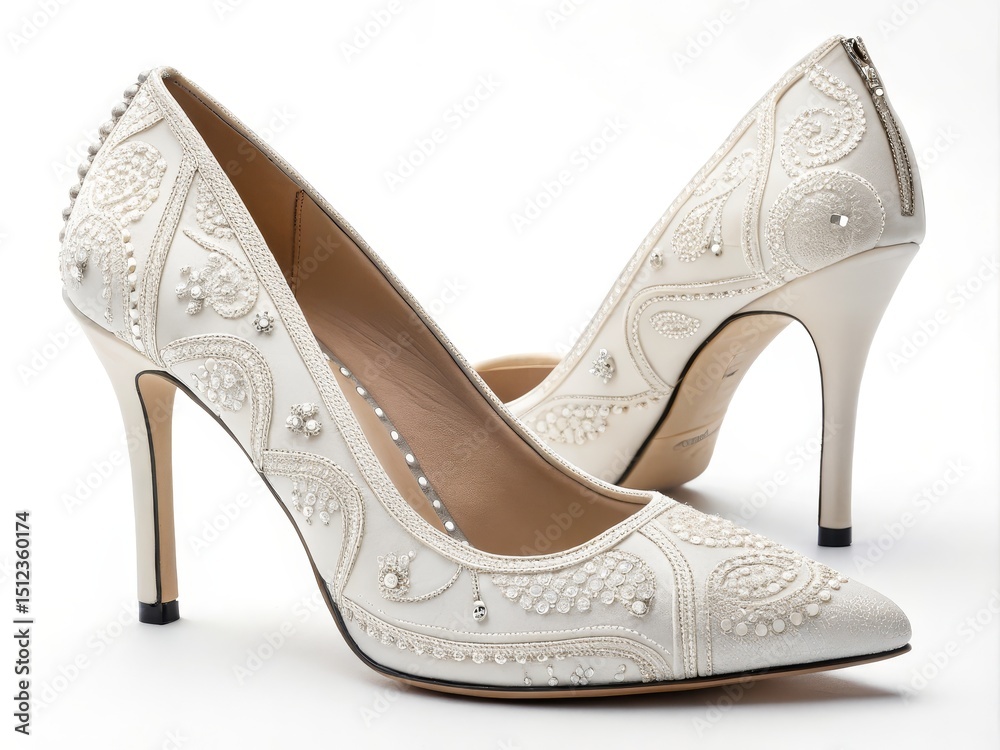 Fototapeta premium Elegant Embroidered Bridal Heels Two-Shoe Composition, Close-up, White Satin, High Heels, Wedding Shoes bridal shoes, wedding heels