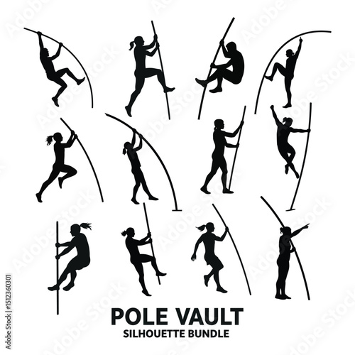 Pole Vault Silhouette Bundle – Athlete Jumping Clipart – Track and Field Vector EPS .