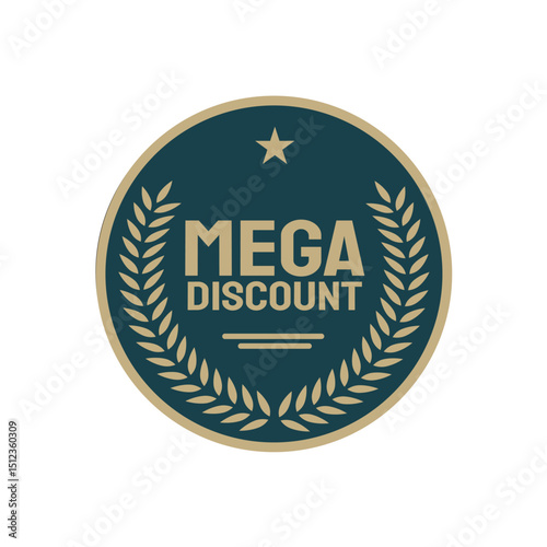 mega discount — cream and gold round badge, label, sticker, vintage style — vector illustration