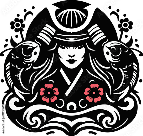 Female Samurai Warrior with Koi Fish and Cherry Blossoms – Traditional Japanese Tattoo Style Vector Art