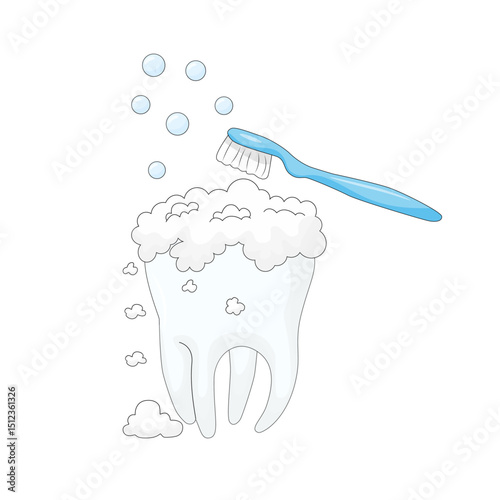 white background, personal hygiene procedure for cleaning the surface of the teeth from food debris and soft plaque, performed with a blue toothbrush and toothpaste