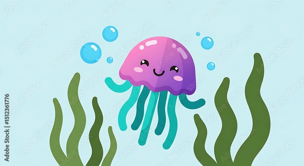 Naklejka premium Cheerful Cartoon Jellyfish Floating Among Bubbles and Seaweed, in a Flat Design Style Against a Light Blue Background; Ideal for Children's Illustrations and Educational Materials