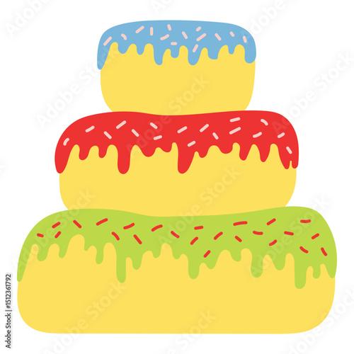 Birthday cake, sponge cake with sprinkles, frosting hand drawn illustration, isolated vector. Flat style design. Birthday celebration, festival, carnival, party clip art, element