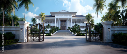 Grand Tropical Mansion Entrance With Decorative Gates