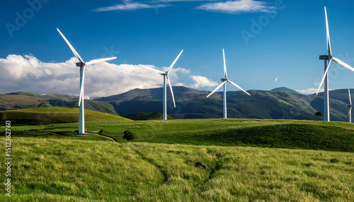 A wind farm on a grassy plain with turbines gently spinning, and distant mountains on the horizon 