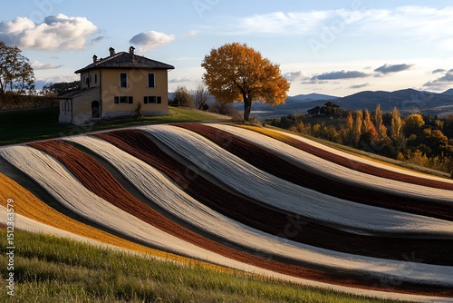 Explore tuscany landscape: farmhouse, golden tree, and colorful fields in the italian countryside travel scene