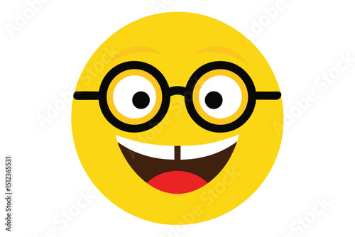 Smiling yellow emoji face with glasses and big teeth illustration