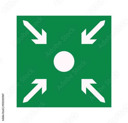 Meeting point icon. four 4 arrows meeting point. Emergency assembly point high quality vector illustration sign - Assembly concept symbol on green background. 