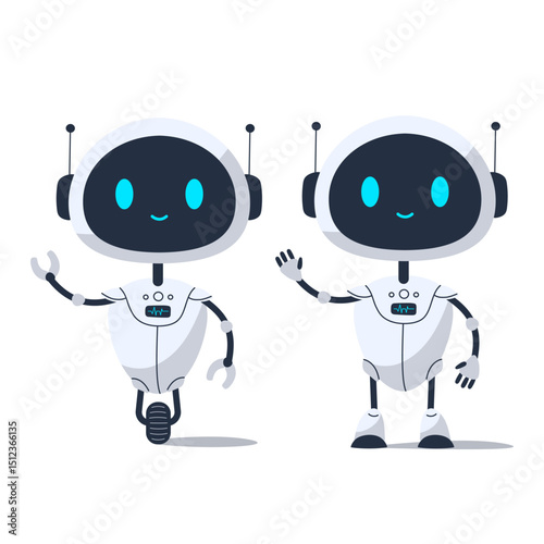 Cute friendly robots walking and waving hand. Flat vector illustration of two futuristic AI characters with smiling faces. Artificial intelligence and robotics concept