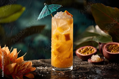 A glowing tropical mango mocktail with ice cubes, exotic fruit garnishes, and a playful paper umbrella