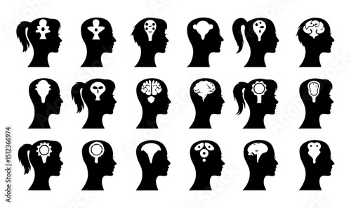16 Unique Brain Silhouettes Representing Cognitive Functions, Thought Processes, and Human Intelligence – A Versatile Collection for Science, Psychology, and Mind-related Visual Designs