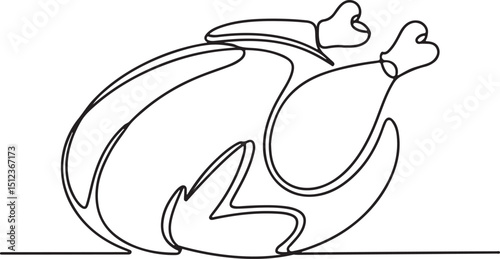 Whole boiled chicken in continuous one line art style, minimalist food illustration with clean black outline on white background

