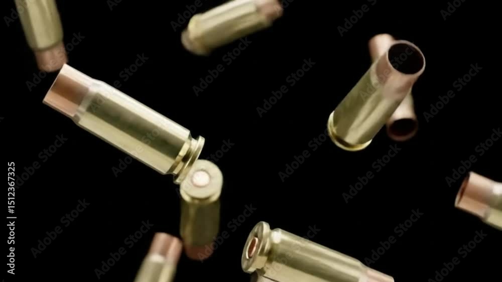 Falling bullet casings slow motion black background