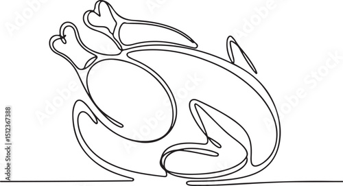Whole boiled chicken in continuous one line art style, minimalist food illustration with clean black outline on white background

