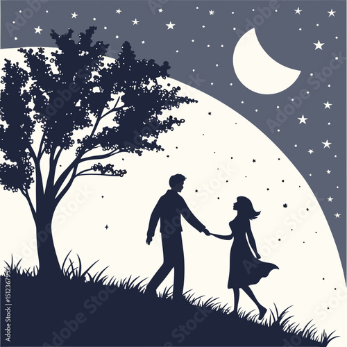 Silhouette of a couple holding hands under a tree at night with a moon and stars in the sky above them