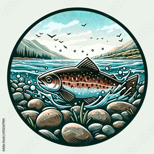 Freshwater fish catch illustration featuring leaping trout in river scenery