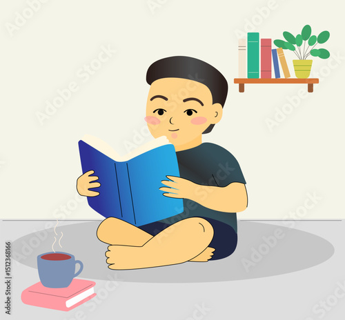 Teenage boy loving of literature reads a book and drinks tea or coffee. Young man with a book in his hand. Hand drawn cartoon character teen. vector illustration.