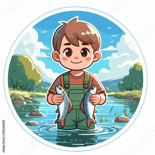Freshwater fish catch illustration featuring happy boy holding caught fish in river
