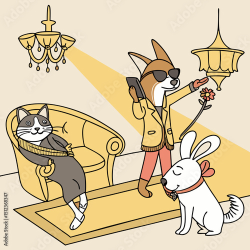 Animals in a fancy room with a cat on a chair a fox with a flower and a bunny with a bow tie on it