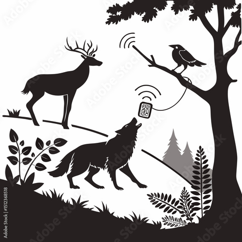 Silhouette of deer, wolf, and bird with qr code and wifi signals in a forest environment scene