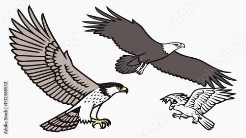 Three eagles soaring in the sky with wings spread wide in a dynamic and majestic composition art