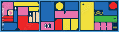 Bento grid web design elements, y2k layouts ,geometric shapes.Trendy set of retro abstract figures.Vector flat illustration
