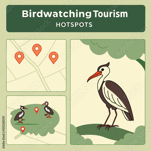 Birdwatching tourism hotspots illustration featuring maps and various bird species in their habitats