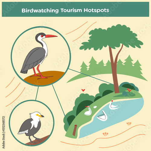 Illustration showing birdwatching tourism hotspots with different bird species and natural landscape elements