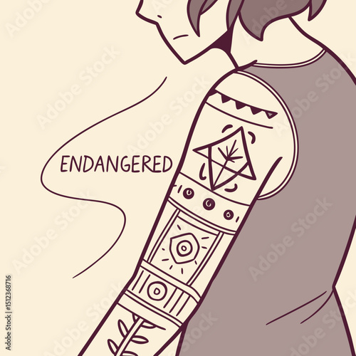 Person with arm tattoo featuring geometric shapes and the word endangered in a speech bubble design
