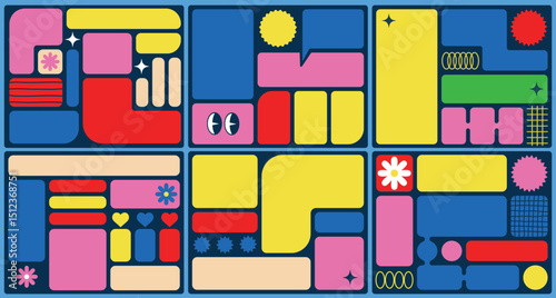 Bento grid web design elements, y2k layouts ,geometric shapes.Trendy set of retro abstract figures.Vector flat illustration