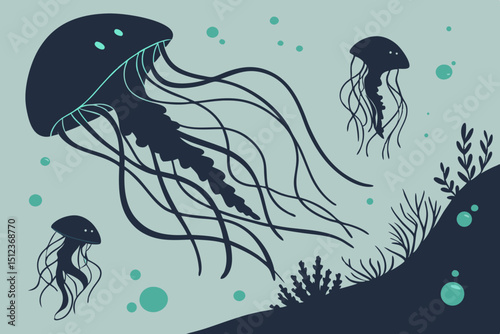 Illustration of jellyfish in ocean with seaweed and bubbles on a light blue background vector art
