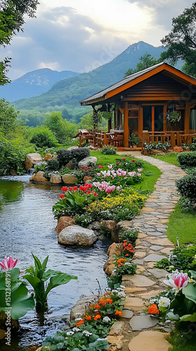 Traditional Japanese garden landscape with a serene pond, intricate architecture, and natural elements under a summer sky