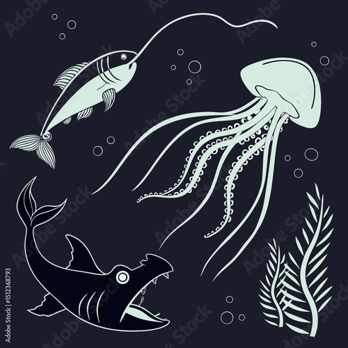 Stylized marine life illustration featuring a shark fish jellyfish and seaweed in a dark blue ocean scene