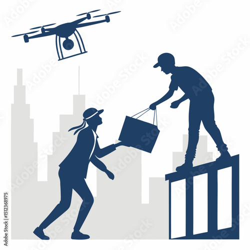 Drone delivery over city buildings with person handing package to another on a rooftop edge scene