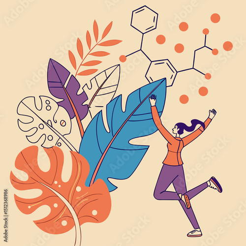 Woman reaching for molecule structure near tropical leaves in colorful illustration design art style