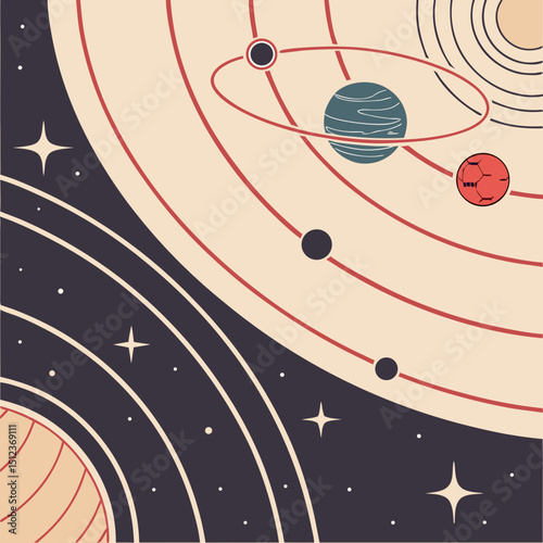 Illustration of a retro style solar system with planets stars and orbital paths on a beige background