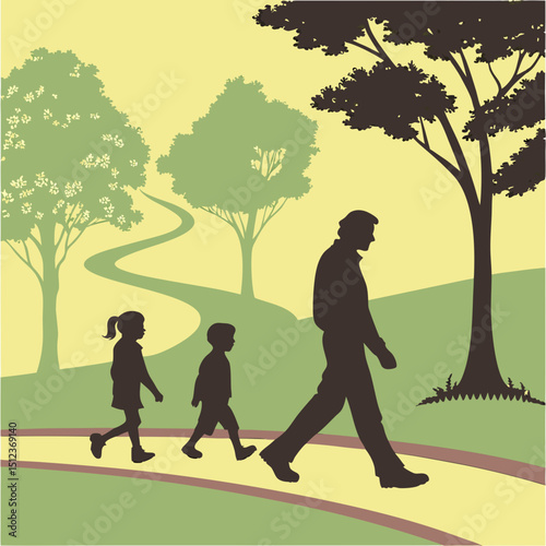 Silhouette of a man and two children walking on a path through a park with trees and a winding trail