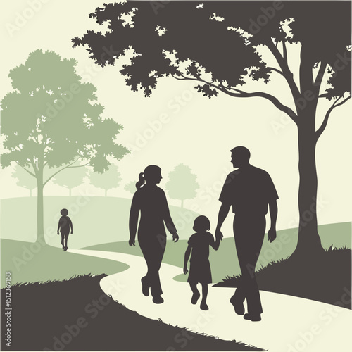 Family walking on a path in a park with trees and a child walking ahead in a nature scene outdoors