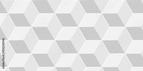 Abstract white cube geometric tile and mosaic wall grid hexagon technology wallpaper design. white, gray geometric block cube structure texture background.	
