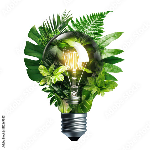 bright Light bulb with home green leaves and plants, Illuminated light bulb with lush green leaves and plants, isolated on transparent background