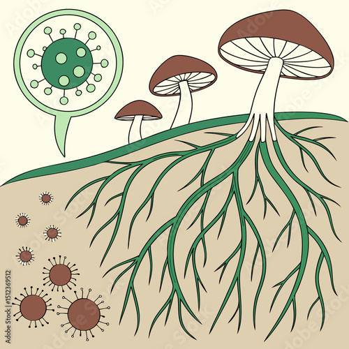 Illustration of mushrooms with roots interacting with virus like structures in the soil environment