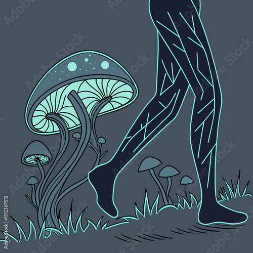 Illustration of glowing mushrooms and legs with glowing lines on a dark background art design