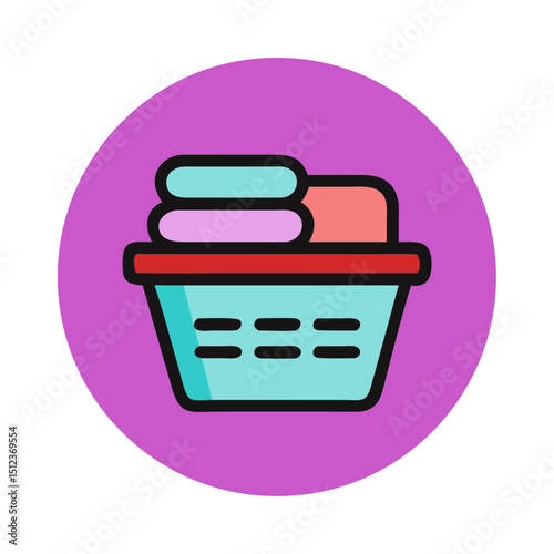 Laundry basket with folded towels against a purple background  