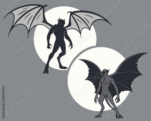 Two gargoyles with bat wings standing in front of white circles on a gray background design art