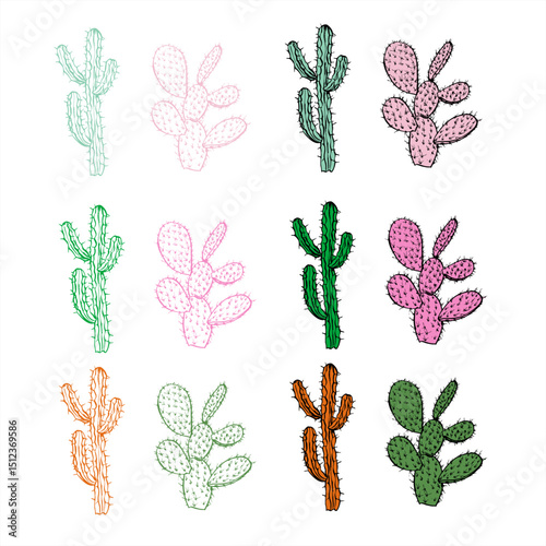 Two Mexican cacti types in stylish pink and green shades vector set painted in linear style. Opuntia and other cactus graphic sketch clip art minimalist style. For trendy packaging, fashion prints