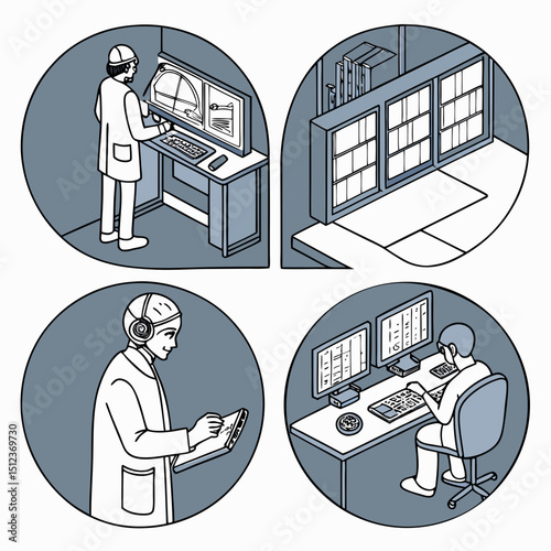 Four panels showing people working with technology and a room with windows and bookshelves