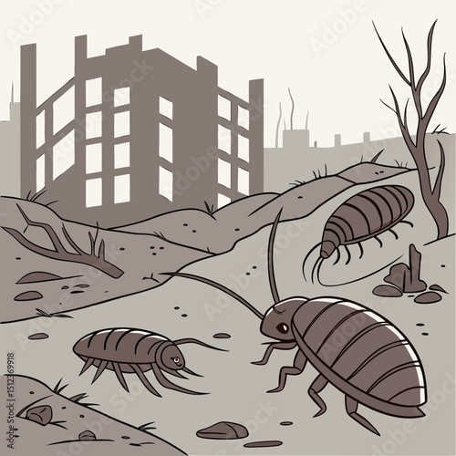 Cockroaches crawling on rubble in a post apocalyptic landscape with ruined buildings in the background