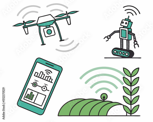 Illustration showing a drone, robot, smartphone, and field with sensors for agricultural technology use